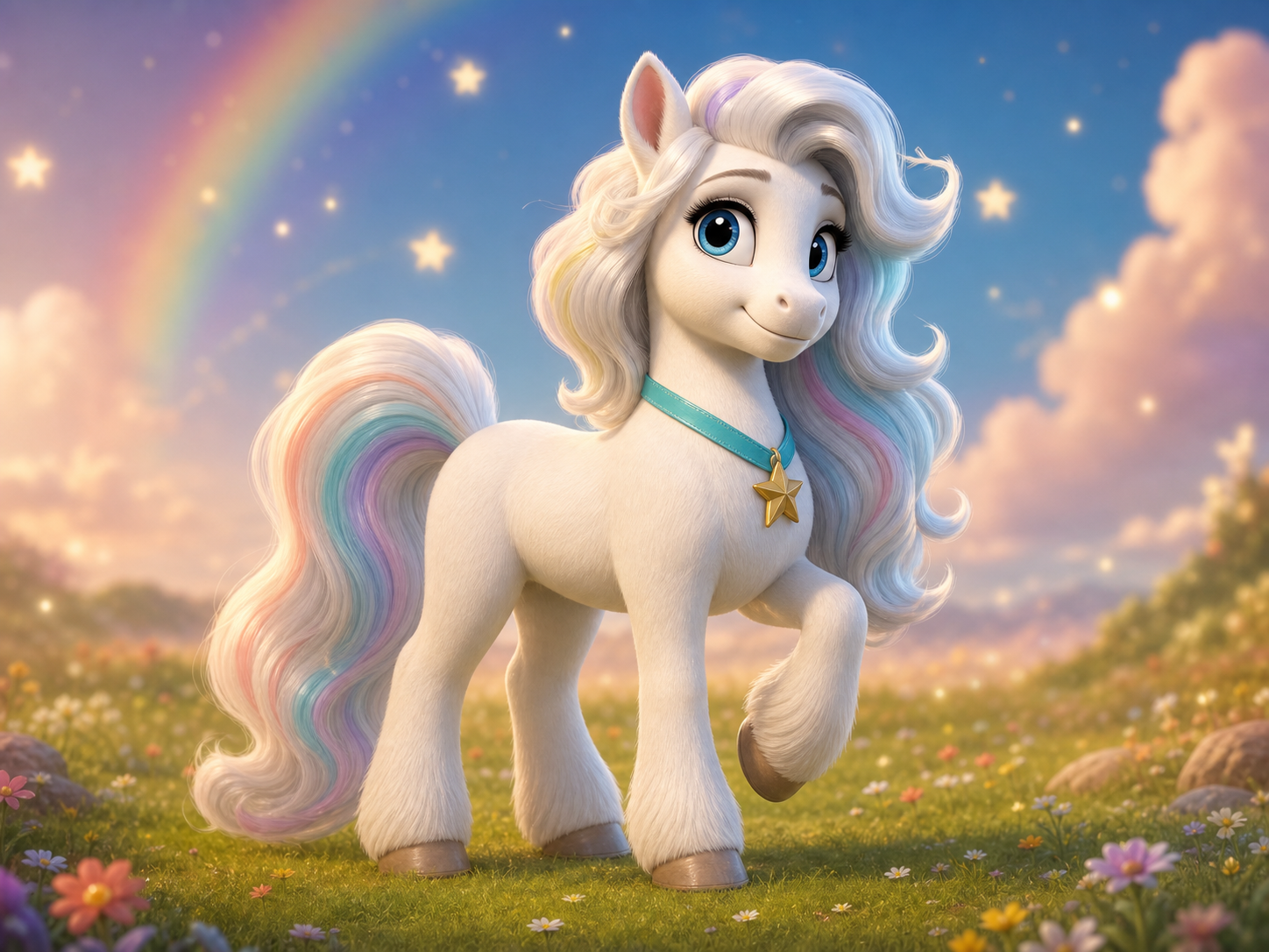 Ein weißes Pony in einer magischen Wiese